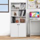 5-tier white bookcase with open cubes, adjustable shelf, and cabinet doors for versatile storage in home or office.