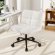 Beige cross legged chair with wheels, showcasing a sleek design and soft polyfiber for enhanced comfort in any.