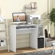 Compact white computer desk with pull-out keyboard tray and storage solutions, ideal for small spaces and home offices.