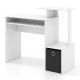Compact white computer desk with pull-out keyboard tray and storage bin, ideal for small spaces and versatile use.