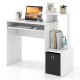 Compact white computer desk with pull-out keyboard tray, open shelf, and storage bin for small spaces and organization.