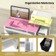 Space-saving computer desk in white with pull-out keyboard tray, open shelf, and detachable fabric drawer for versatile.
