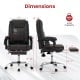 Massage adjustable executive chair in black with dimensions, featuring a retractable footrest and ergonomic design.