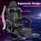 Ergonomic video game chair in black with headrest and lumbar pillow, featuring adjustable height and reclining footrest.