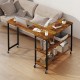 Large brown sofa side table with wheels, featuring a spacious desktop and 2-tier storage shelf for versatile use.