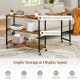 Spacious L-shaped tabletop side table in brown with open shelves and wheels for easy mobility and versatile use.