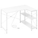 L-shaped 47-inch white corner desk with adjustable shelves and built-in charging station for home office use.