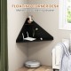 Floating triangular corner desk in black with storage shelf, ideal for maximizing space in living rooms or offices.