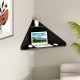 Floating triangular corner computer desk in black with storage shelf, ideal for compact spaces in modern offices or.