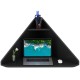 Floating triangular corner computer desk in black with storage shelf, ideal for compact spaces in home or office.