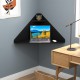 Floating triangular corner computer desk in black with storage shelf, ideal for maximizing space in any room.