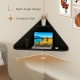 Floating triangular corner computer desk in black with storage shelf, designed for compact spaces and modern aesthetics.