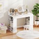 43-inch white computer desk with built-in power outlets, spacious tabletop, and dual geometric bookcases for organized.