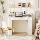 43-inch white computer desk with built-in power outlets and dual geometric bookcases for organized workspace.