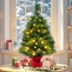 24-inch mini pre-lit Christmas tree with warm white LED lights, red cloth base, perfect for festive tabletop decoration.
