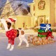 Pre-lit outdoor Xmas dog in a Santa outfit pulling a sleigh with gifts, perfect for festive porch decoration.