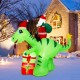 Lighted 8-foot inflatable dinosaur with Santa and gift boxes, perfect for festive outdoor Christmas decoration.