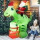 Lighted 8-foot inflatable dinosaur with Santa and gift boxes, perfect for outdoor Christmas decoration.