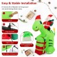 8-foot lighted inflatable Santa Claus dinosaur decoration with gift boxes, featuring sandbags and stakes for stable.
