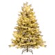 Snowy 4.5 ft pre-lit Christmas tree with warm white LED lights and hinged design for easy setup and storage.