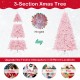 7-foot pink flocked artificial Christmas tree with 500 LED lights, 1200 branches, and hinged design for easy assembly.