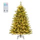 5 feet hinged artificial Xmas tree with 250 LED lights, remote control, and 11 lighting modes for festive decoration.