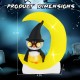 Inflatable owl on a crescent moon with LED lights, perfect for Halloween decoration, measuring 5.1ft tall and 4.3ft.