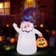 Cute 6 ft Halloween inflatable ghost with witch hat, Jack-o-lantern, and LED lights for outdoor decoration.
