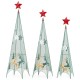 Set of 3 tower-shaped Christmas trees in green metal with removable star toppers, featuring reindeer and snowflake.