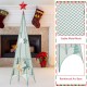 Three tower-shaped Christmas trees in metal with festive patterns, topped with removable stars for holiday decoration.