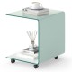 C-shaped end table in white tempered glass with 2-tier shelf and lockable wheels, ideal for versatile living room use.