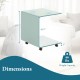 C-shaped end table with dimensions, made of tempered glass, featuring a 2-tier shelf and lockable wheels for mobility.