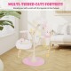 Multi-tiered cat tree in pink with two perches and platforms, featuring rabbit fur-like fabric for comfort and.