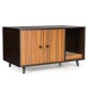 Modern cat litter box enclosure in brown with double doors, divider, and scratching pad for stylish pet privacy.