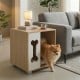 Wooden cat condo side table with bone-shaped window, natural finish, and sturdy metal legs for stylish pet-friendly.