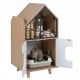 Modern cat litter box enclosure with a house shape, featuring a hidden litter box and upper storage shelf for supplies.