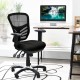 Ergonomic black mesh office chair with adjustable height and armrests for comfortable sitting in home or office.