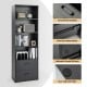 6-tier tall freestanding bookshelf in black with 4 open shelves and 2 drawers, ideal for home or office storage.