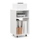 Mobile file cabinet in white with printer stand, open shelves, and rolling casters for versatile office organization.