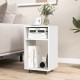 Mobile white file cabinet with open shelves and rolling casters, ideal for printer storage and document organization.