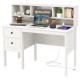 48-inch white computer desk with storage hutch, two drawers, and power outlets, ideal for work and study.