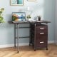 Brown folding computer desk with three drawers and wheels, ideal for home office or limited spaces.