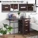 Folding brown computer desk with three drawers and wheels, ideal for home office or small spaces.