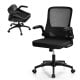Swivel mesh office chair in black with foldable backrest and flip-up arms, designed for comfort and space-saving.