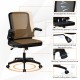 Swivel mesh office chair with foldable backrest, flip-up arms, and breathable backrest for comfortable workspace use.