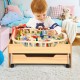 Kids wooden train set table with 100 colorful pieces, featuring lockable wheels and a storage drawer for easy play.