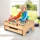 Kids wooden train set table with 100 colorful pieces, featuring lockable wheels and sturdy legs for safe play.