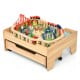 Kids wooden train set table featuring 100 colorful pieces, lockable wheels, and sturdy legs for safe play and storage.