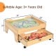 Kids wooden train set table with colorful pieces, storage drawer, and lockable wheels for imaginative play and.