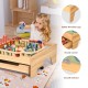 Kids wooden train set table featuring 100 colorful pieces, sturdy legs, and lockable wheels for safe play and easy.